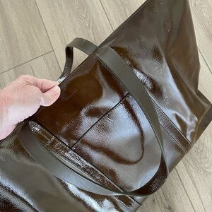 Sezane Shiny Khaki Patent Leather Tote Bag